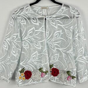 Serpil Cardigan Size 4 White Floral 3/4 Sleeve Round Neck Sheer Polyamide